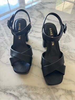 Anne Klein Zena Platform Black Leather Crisscross Strap Block Heel Sandals